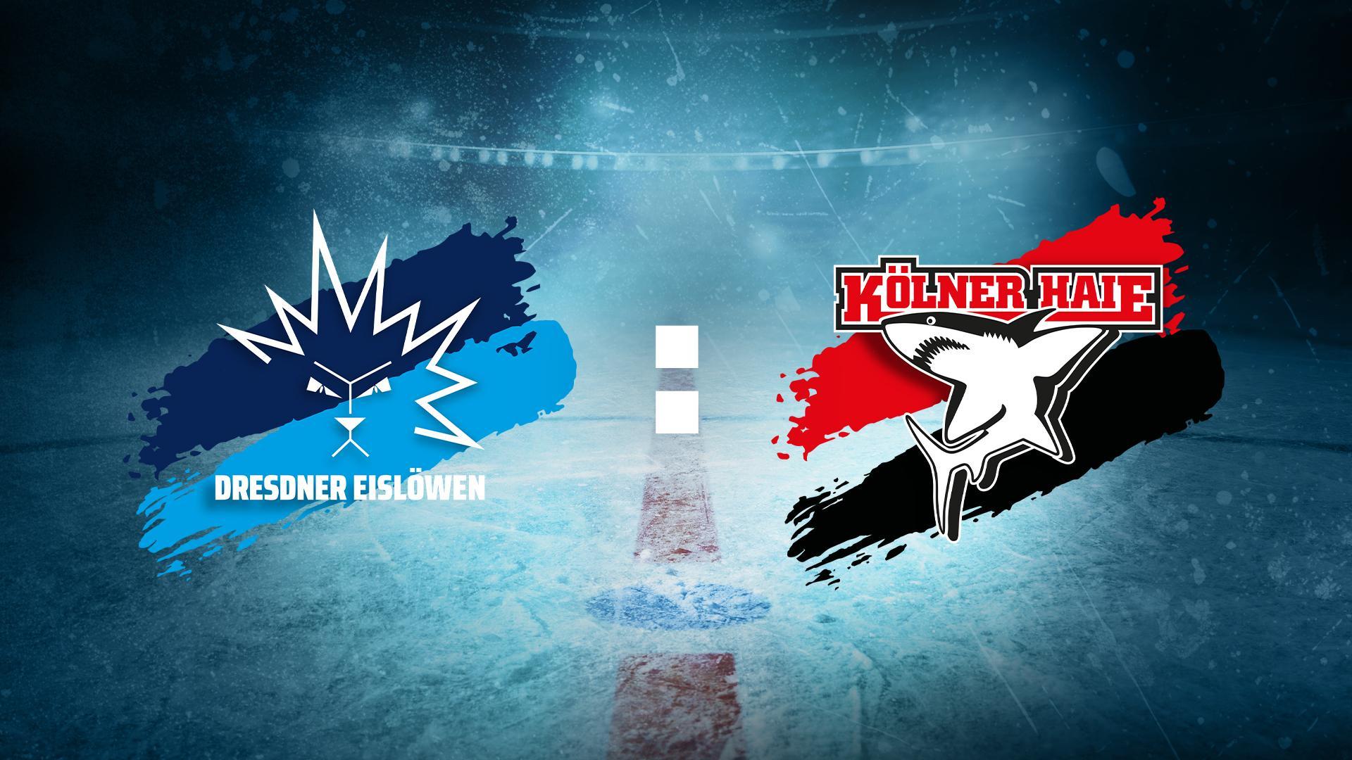 Werbegrafik PENNY DEL mit Logos der Dresdner Eislöwen und Kölner Haie auf Eishockey Hintergrund